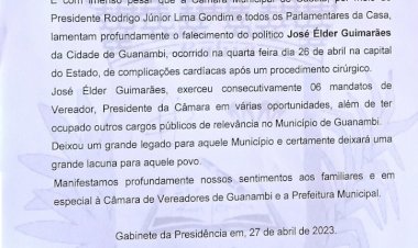 Câmara de Vereadores de Caetité emite Nota de Pesar pelo falecimento de José Élder Guimarães