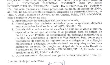 Caetité: Convenção dos partidos PCdoB, PT, PV e PSB acontece neste sábado
