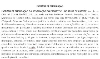 Extrato de Publicação da Associação do Esporte Clube Bahia de Caetité
