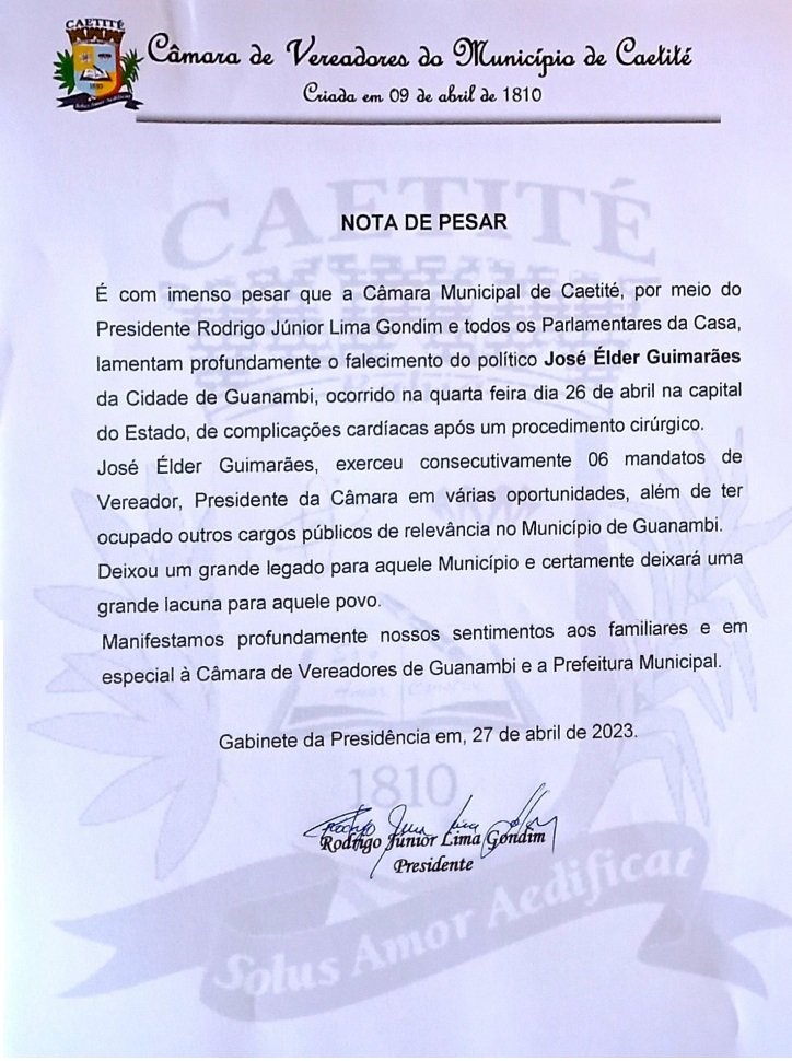 Câmara de Vereadores de Caetité emite Nota de Pesar pelo falecimento de José Élder Guimarães