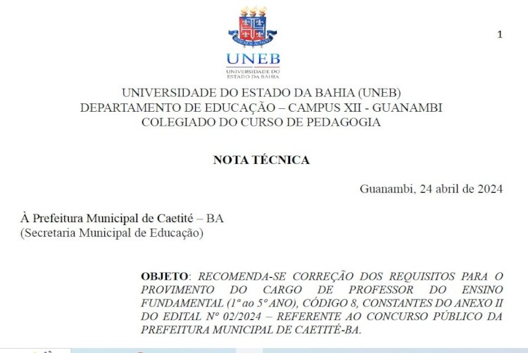 Concurso Caetité: UNEB recomenda correção de requisito para provimento de cargo de Professor
