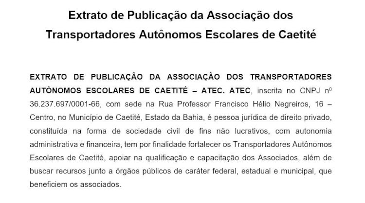Extrato de Publicação da Associação dos Transportadores Autônomos Escolares de Caetité