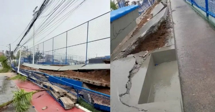 Parte de complexo milionário, inaugurado há três meses, desaba após chuvas em Salvador