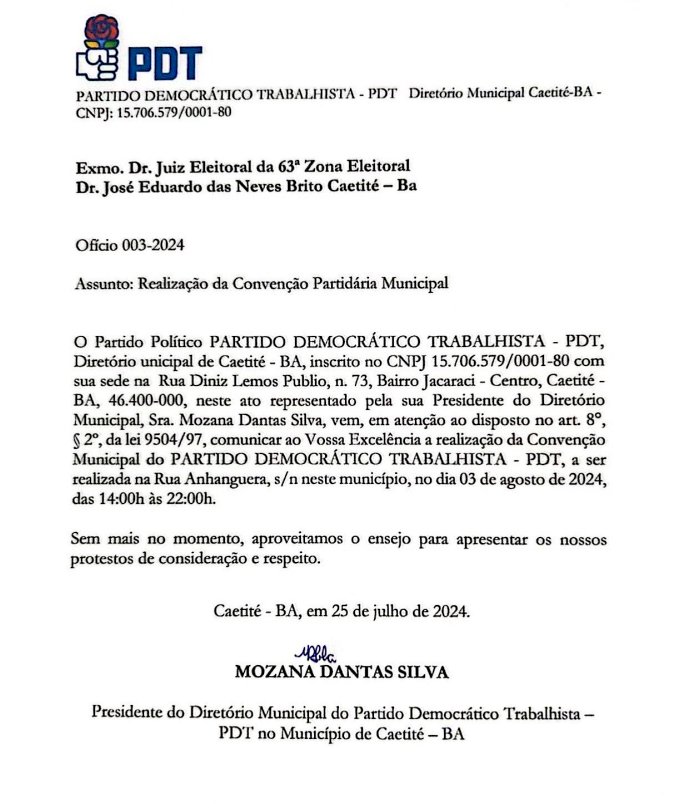 Os Partidos Políticos PDT, PSD, Solidariedade, MDB e Avante de Caetité Convocam Convencionais para Convenção Municipal