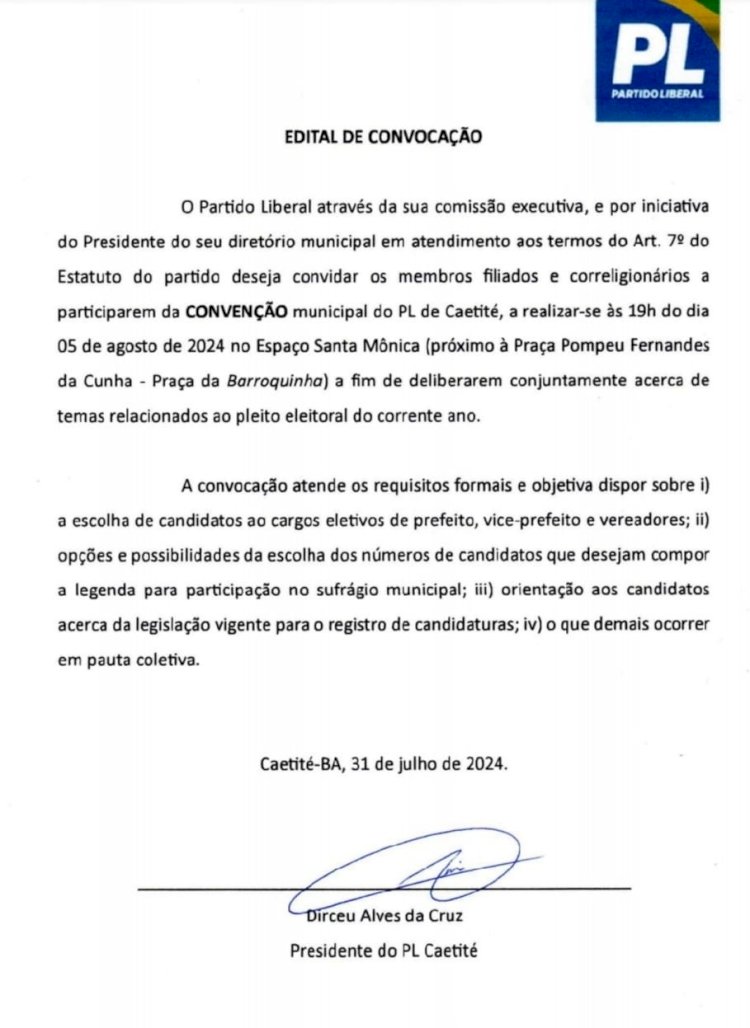 Partido Liberal - PL de Caetité realizará convenção Partidária