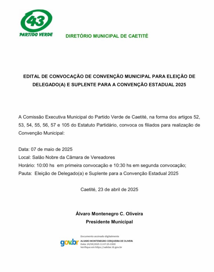 Caetité: PV publica Edital de Convocação para Convenção Municipal
