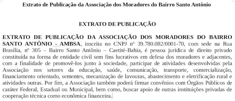 Extrato de Publicação da Associação dos Moradores do Bairro Santo Antônio