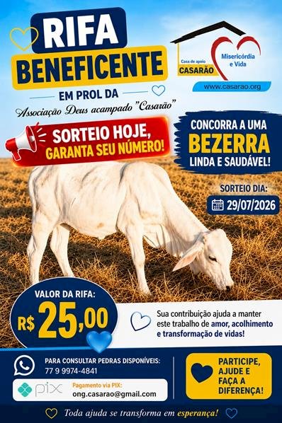 Caetité: rifa beneficente vai sortear uma bezerra e arrecadar recursos para manter ações da Associação Deus Acampado “Casarão”